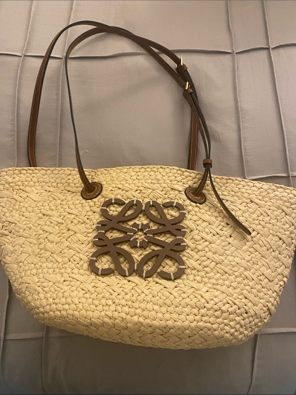 Woven Straw Tote Bag with Brown Leather Trim